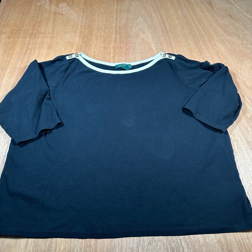 Lauren Ralph Lauren Top Women 3X Black Nautical Button Shoulder Cotton Knit
